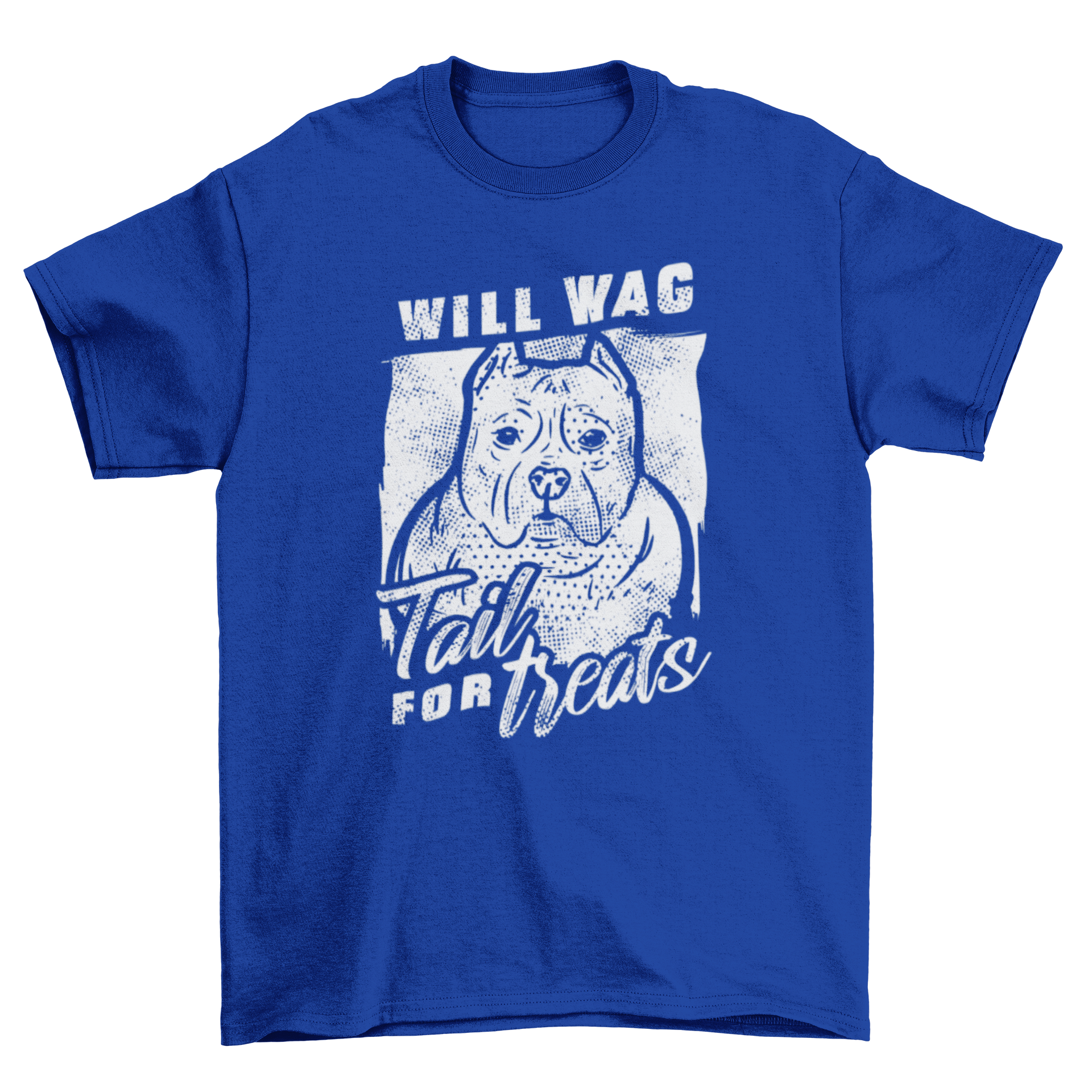 Cool dog t-shirt featuring a pitbull and the quote 'Will wag tail for treats'.