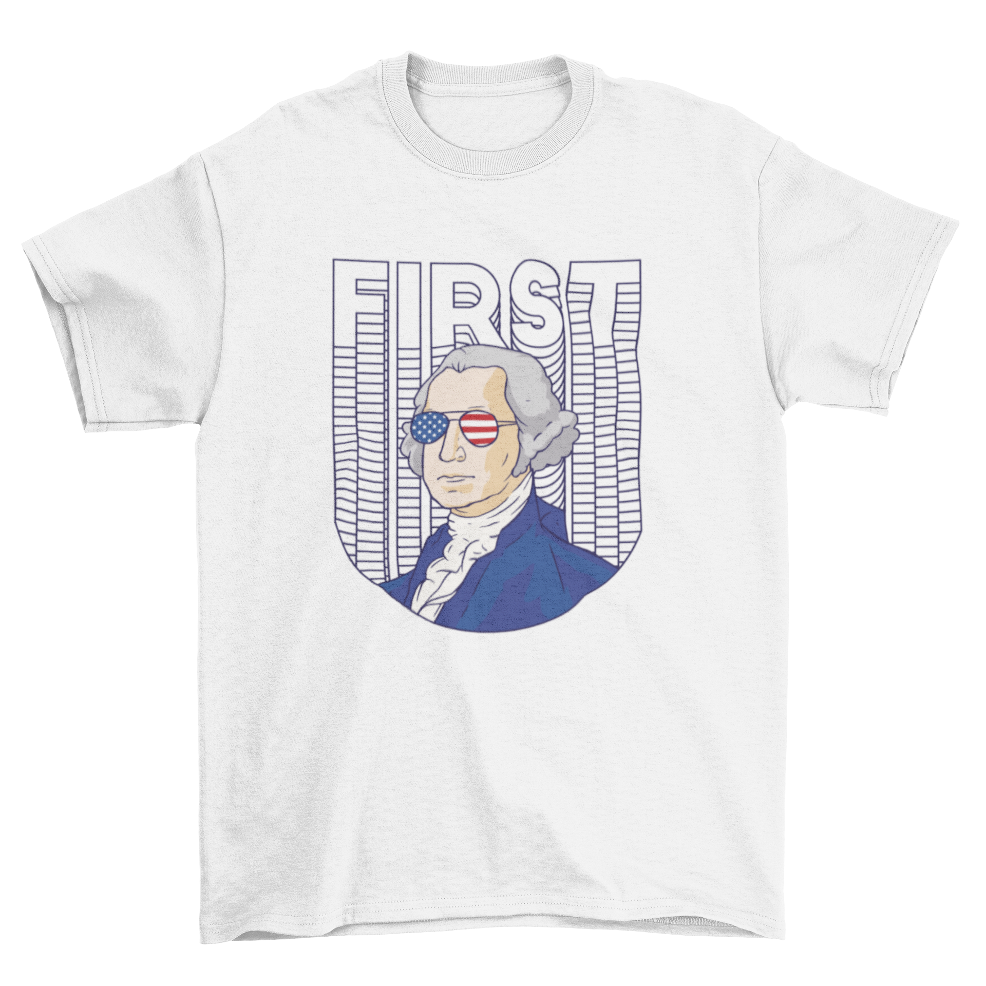 Cool Washington t-shirt featuring the president in aviator glasses with the American flag and 'First' text.