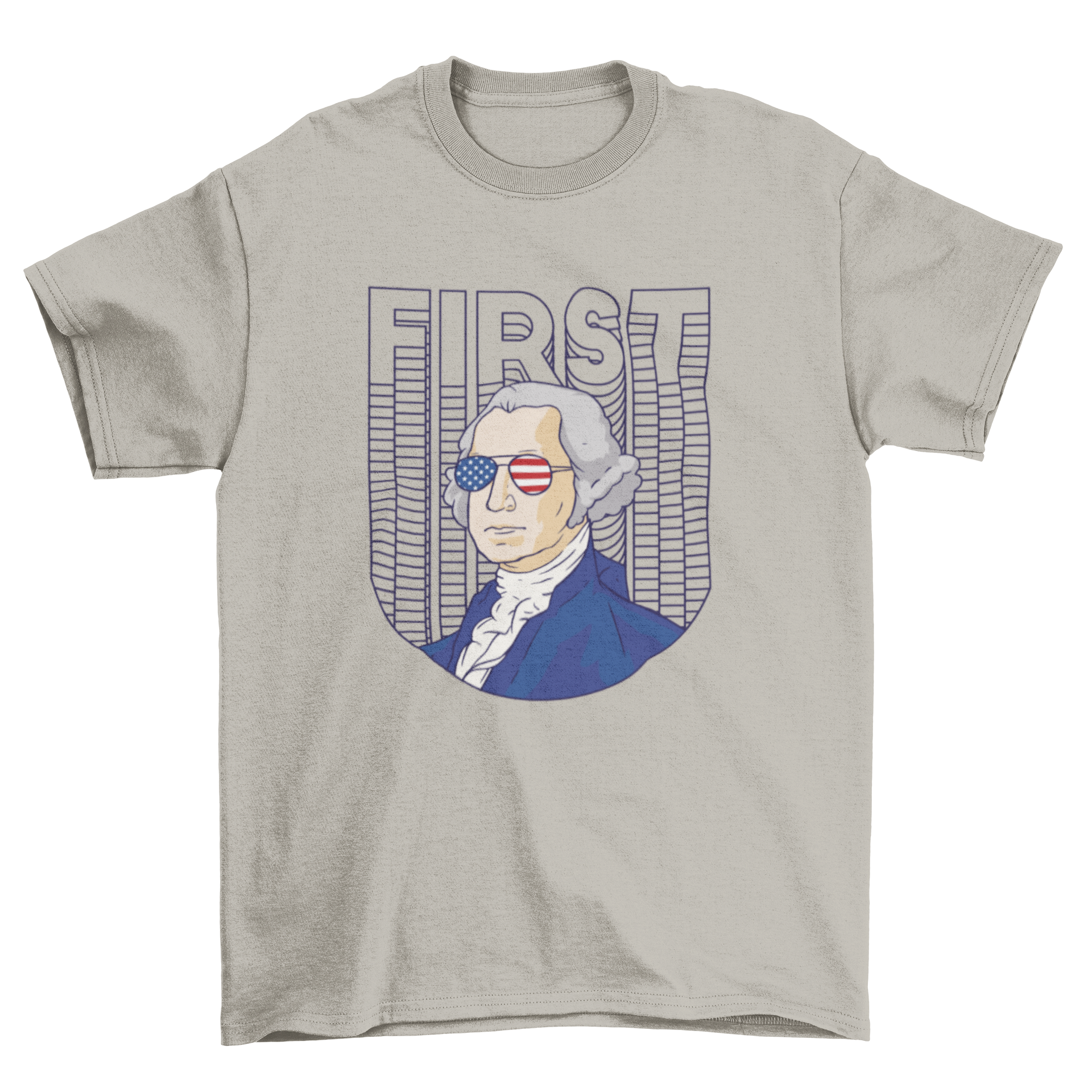 Cool Washington t-shirt featuring the president in aviator glasses with the American flag and 'First' text.