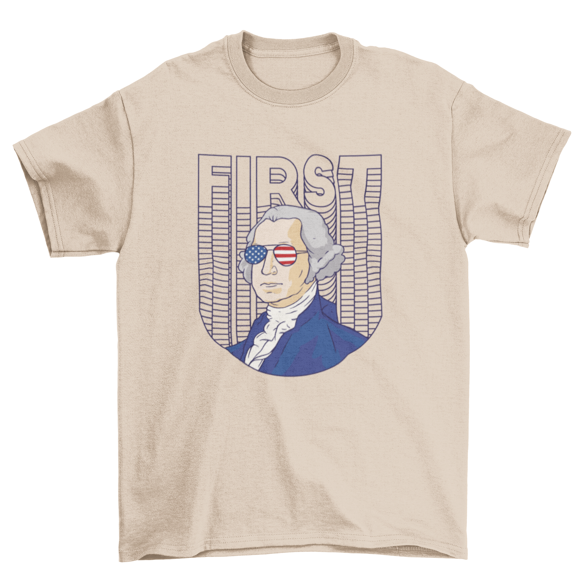 Cool Washington t-shirt featuring the president in aviator glasses with the American flag and 'First' text.