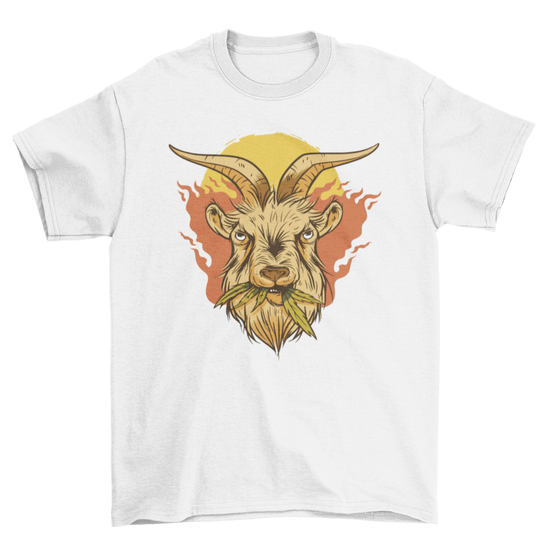 Cool Weed Goat T-Shirt featuring a goat chewing on vibrant weed leaves, perfect for cannabis enthusiasts.