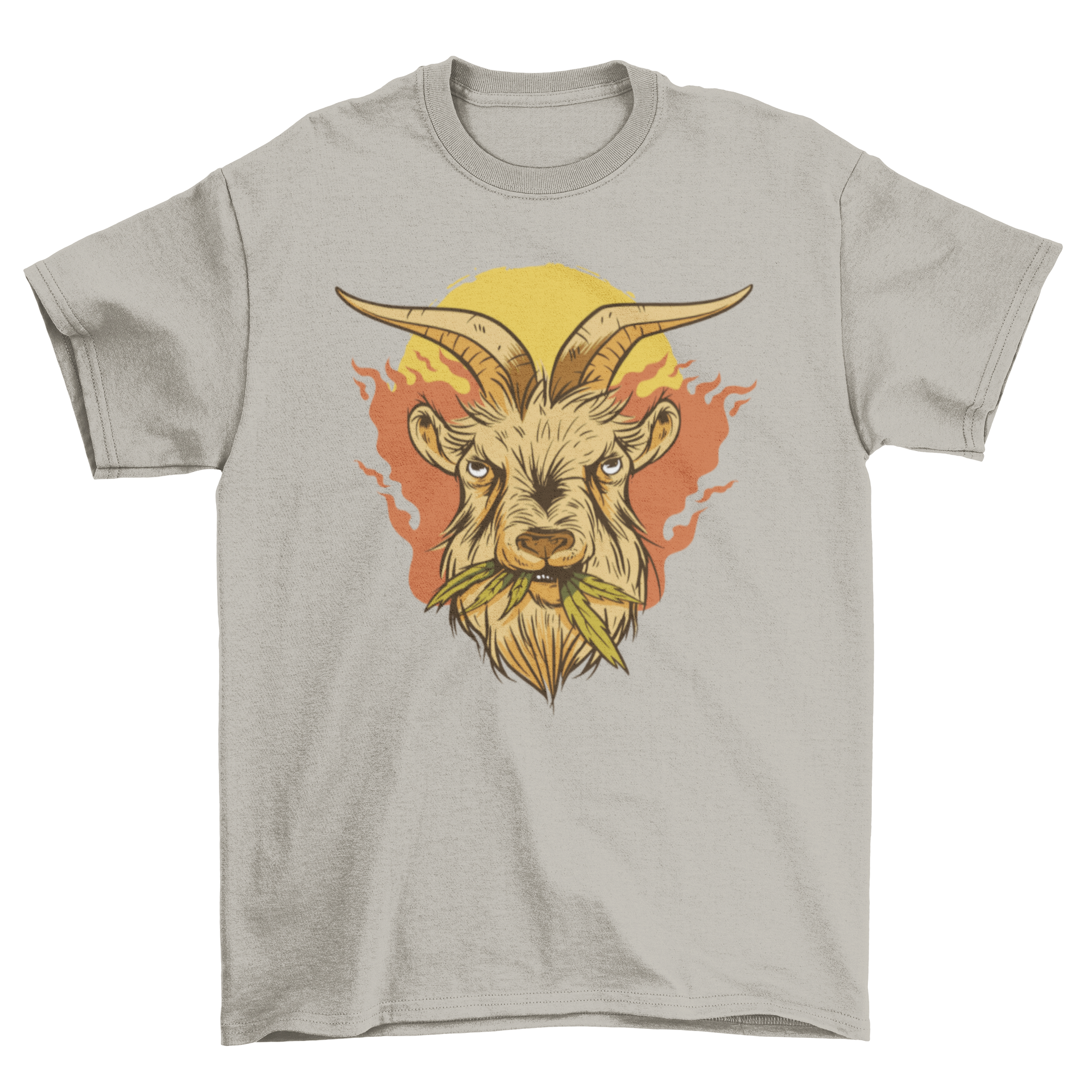 Cool Weed Goat T-Shirt featuring a goat chewing on vibrant weed leaves, perfect for cannabis enthusiasts.