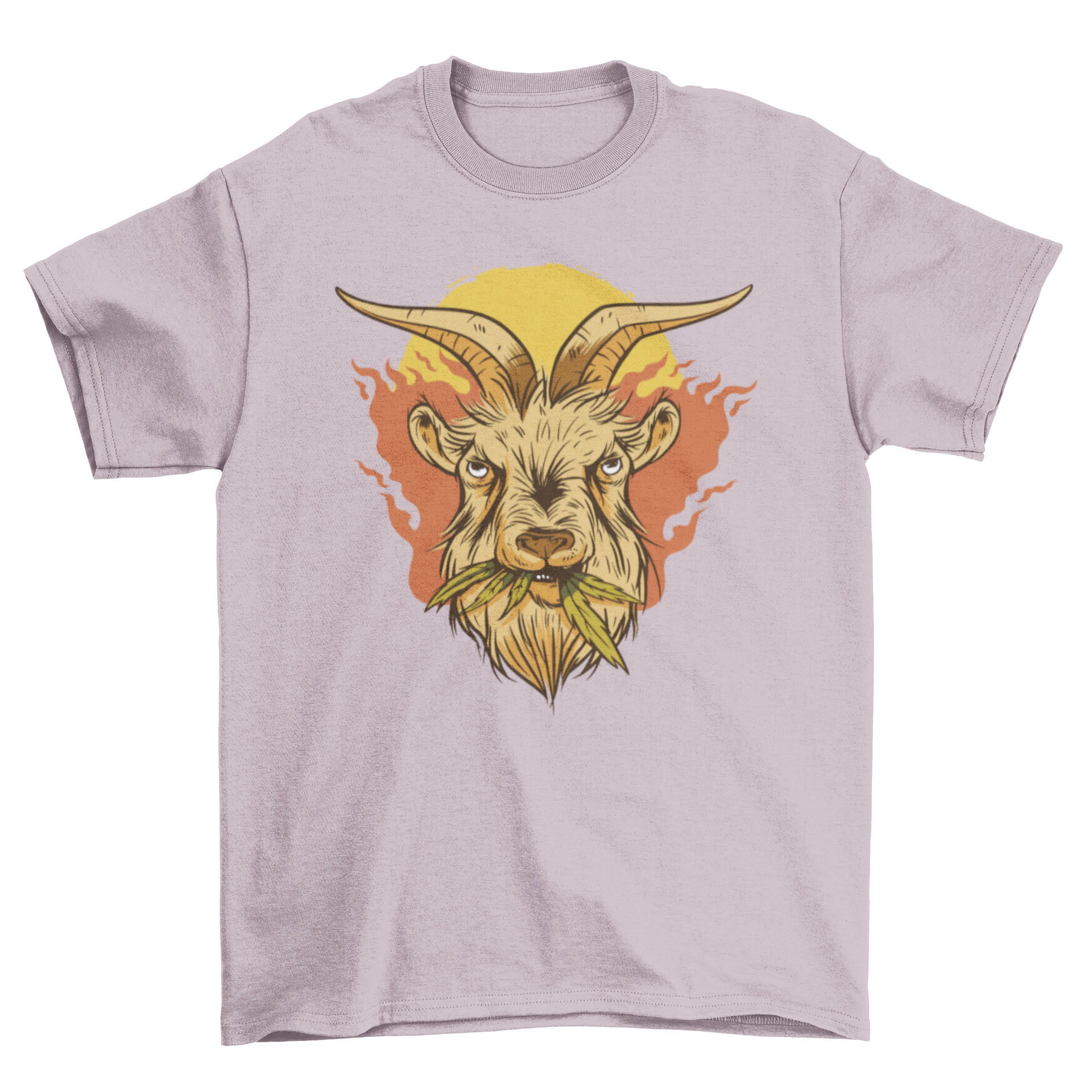 Cool Weed Goat T-Shirt featuring a goat chewing on vibrant weed leaves, perfect for cannabis enthusiasts.