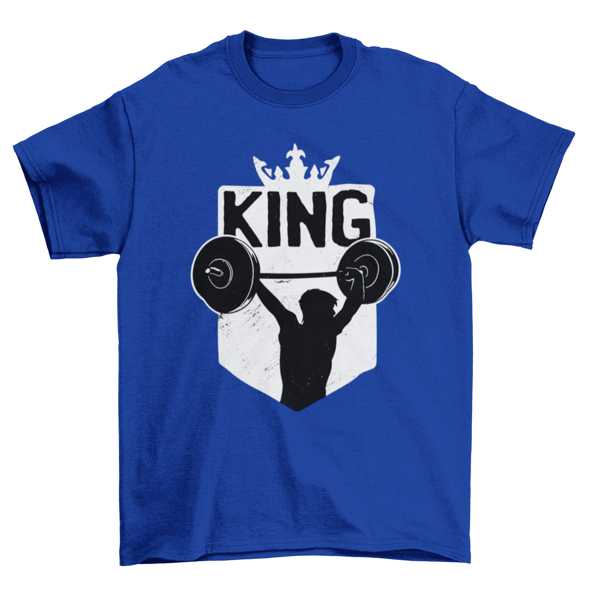 Cool weightlifting t-shirt featuring a man lifting weights with the caption 'King', designed for fitness enthusiasts.