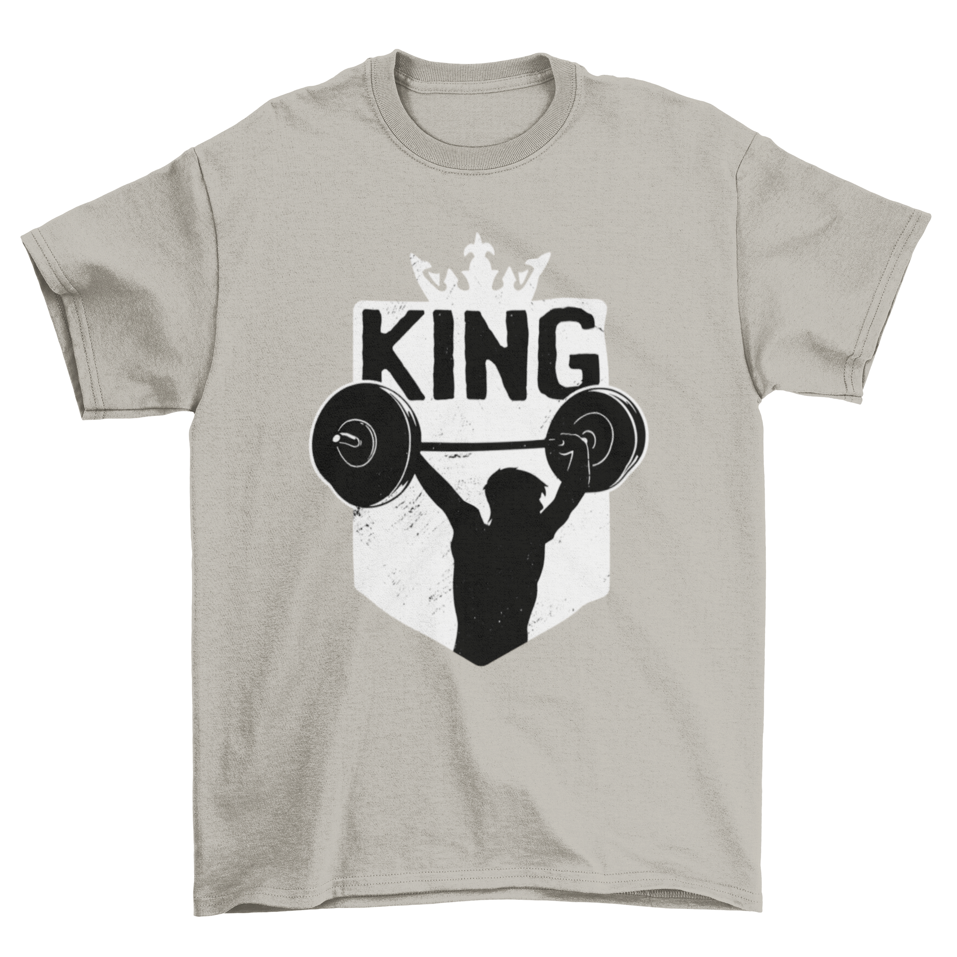 Cool weightlifting t-shirt featuring a man lifting weights with the caption 'King', designed for fitness enthusiasts.