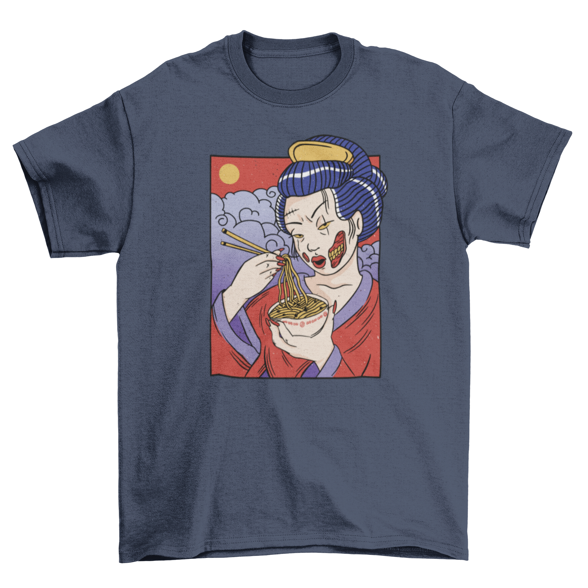 Cool zombie geisha t-shirt featuring a zombie geisha eating noodles in vibrant colors.