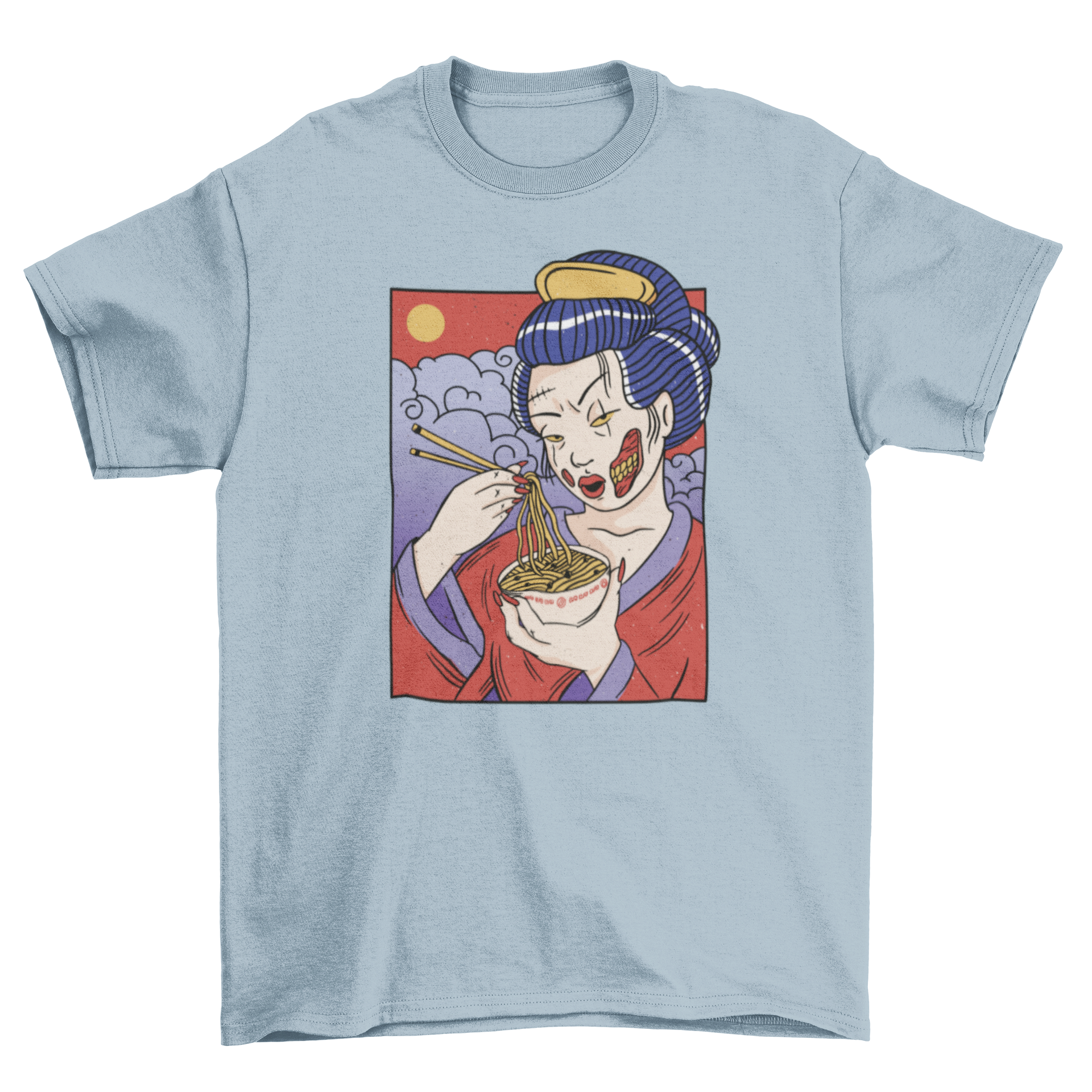 Cool zombie geisha t-shirt featuring a zombie geisha eating noodles in vibrant colors.