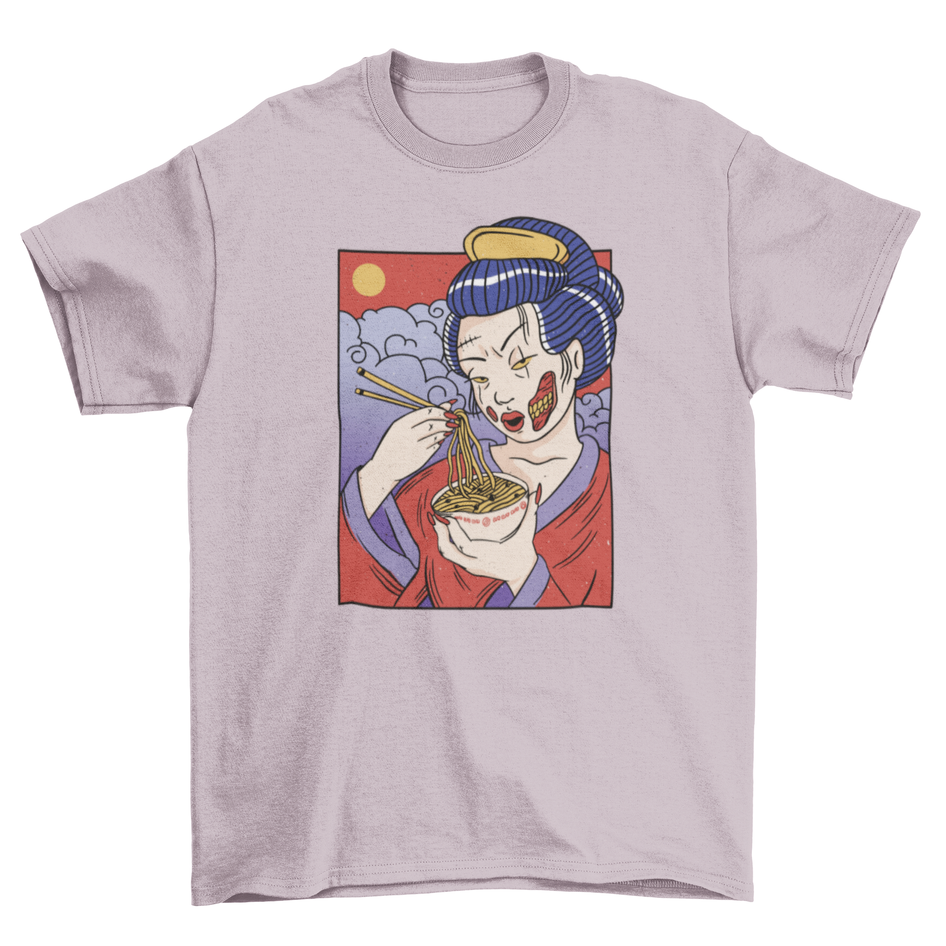 Cool zombie geisha t-shirt featuring a zombie geisha eating noodles in vibrant colors.