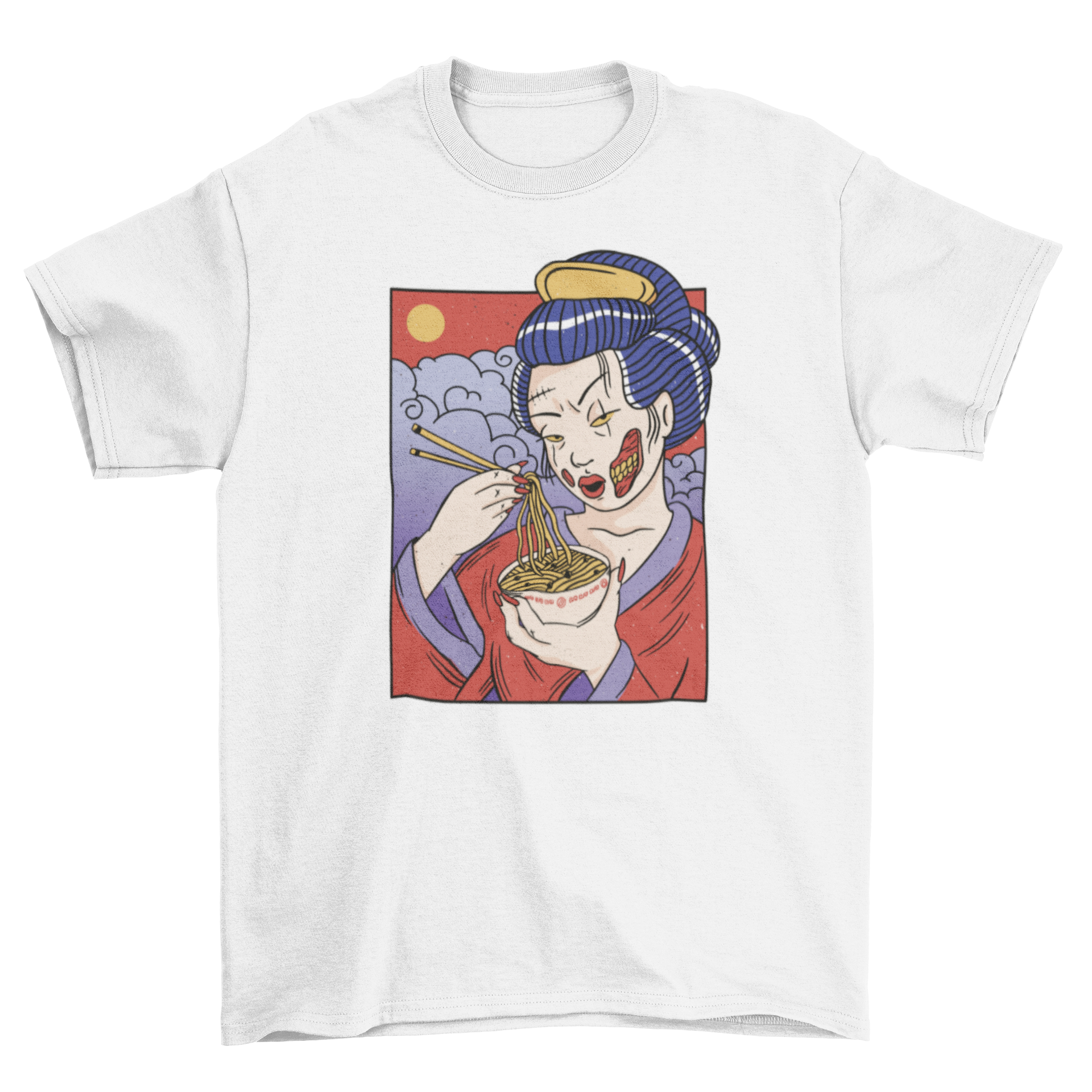 Cool zombie geisha t-shirt featuring a zombie geisha eating noodles in vibrant colors.