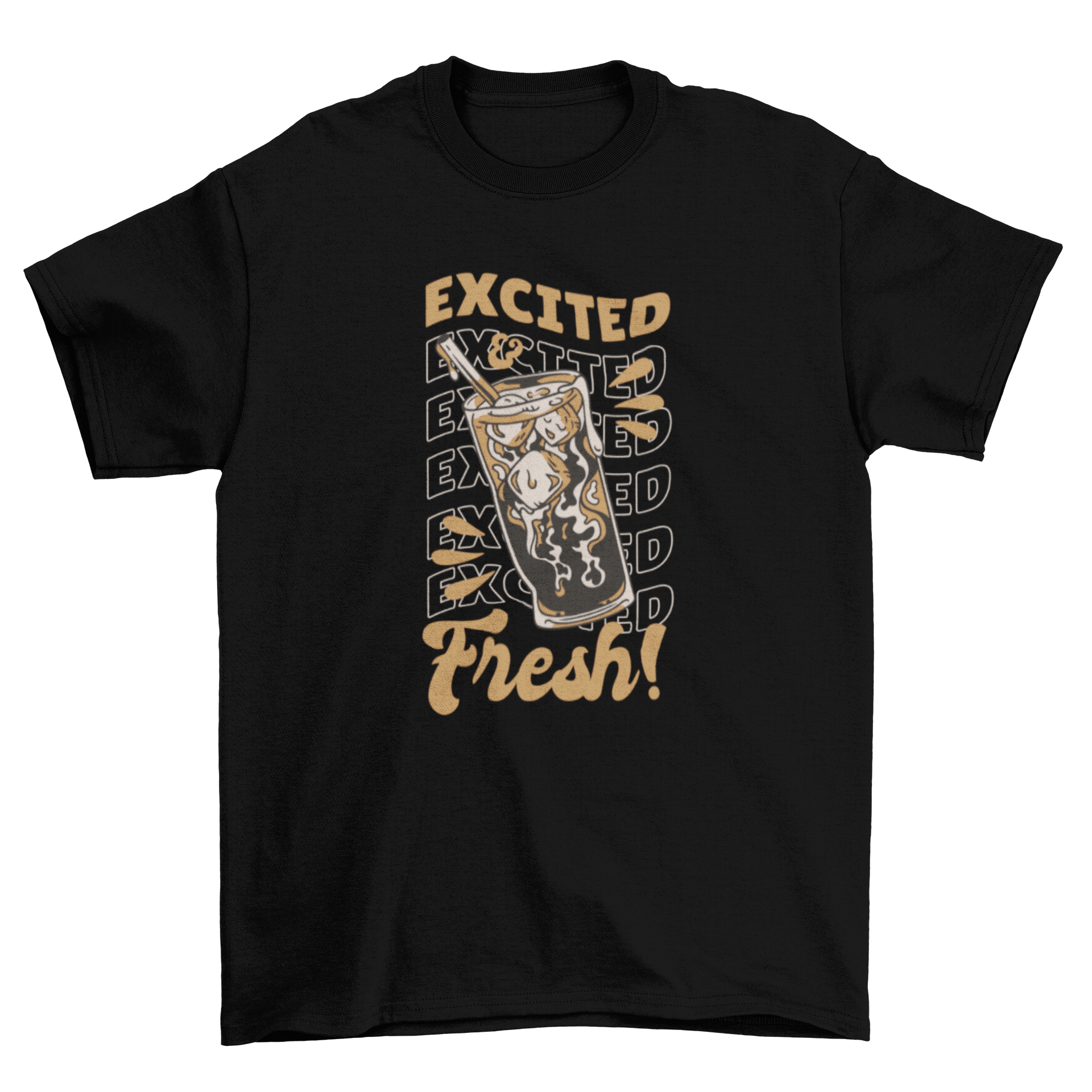 A stylish t-shirt featuring a cold brew coffee design and the quote 'Excited and fresh!' in vibrant colors.