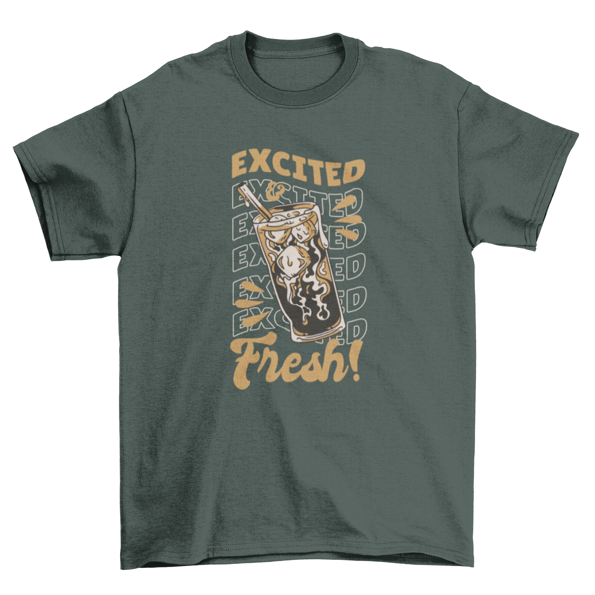 A stylish t-shirt featuring a cold brew coffee design and the quote 'Excited and fresh!' in vibrant colors.