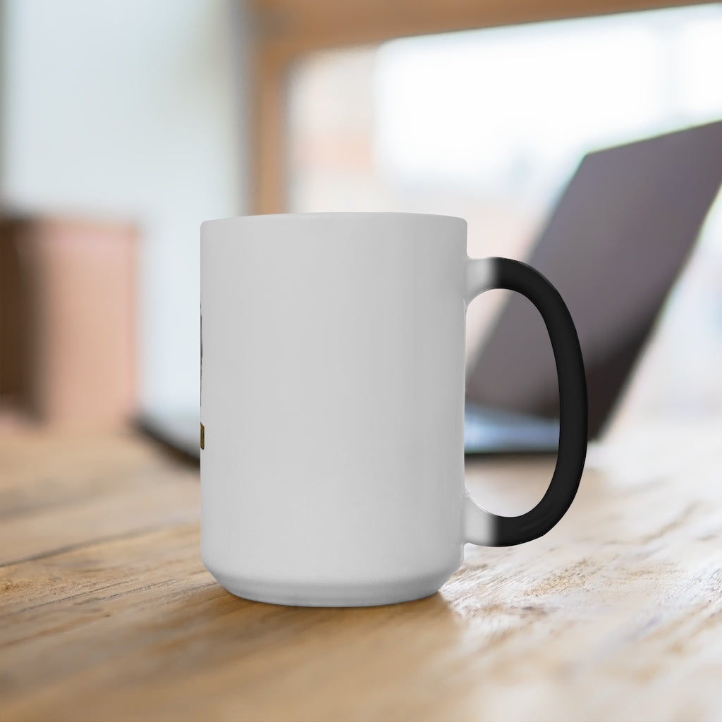 A color changing mug displaying vibrant colors as hot liquid is poured in, showcasing its unique design and ceramic material.