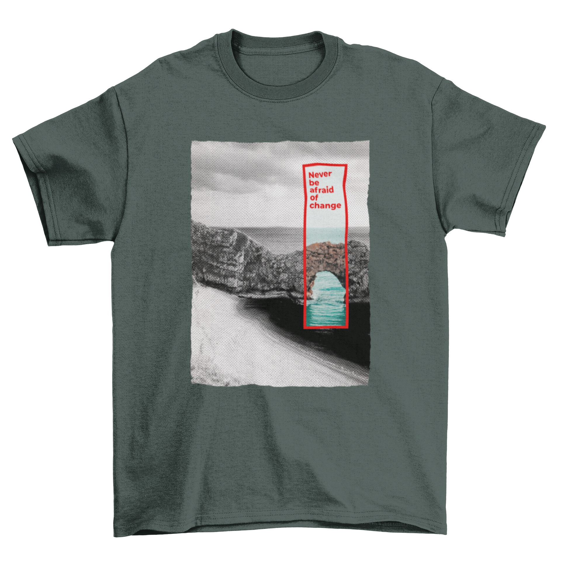 Color square t-shirt design featuring nature and an inspirational quote about change.