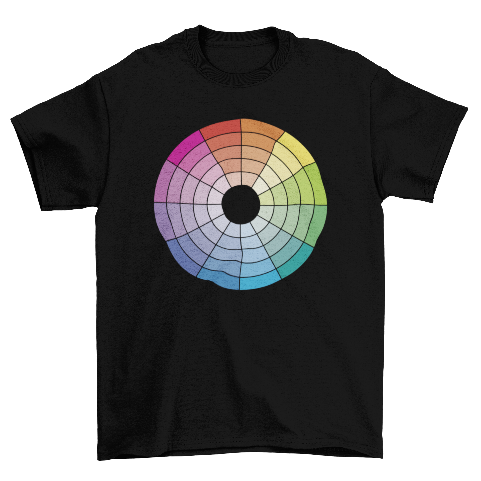 A colorful t-shirt featuring a vibrant color wheel design, showcasing a spectrum of hues.