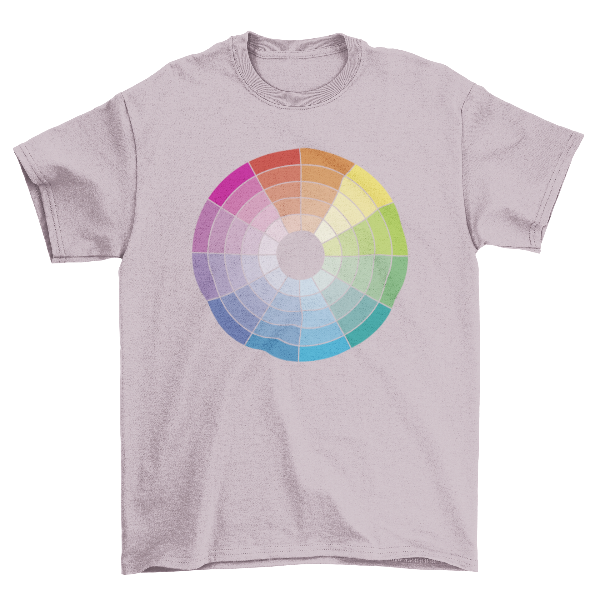 A colorful t-shirt featuring a vibrant color wheel design, showcasing a spectrum of hues.