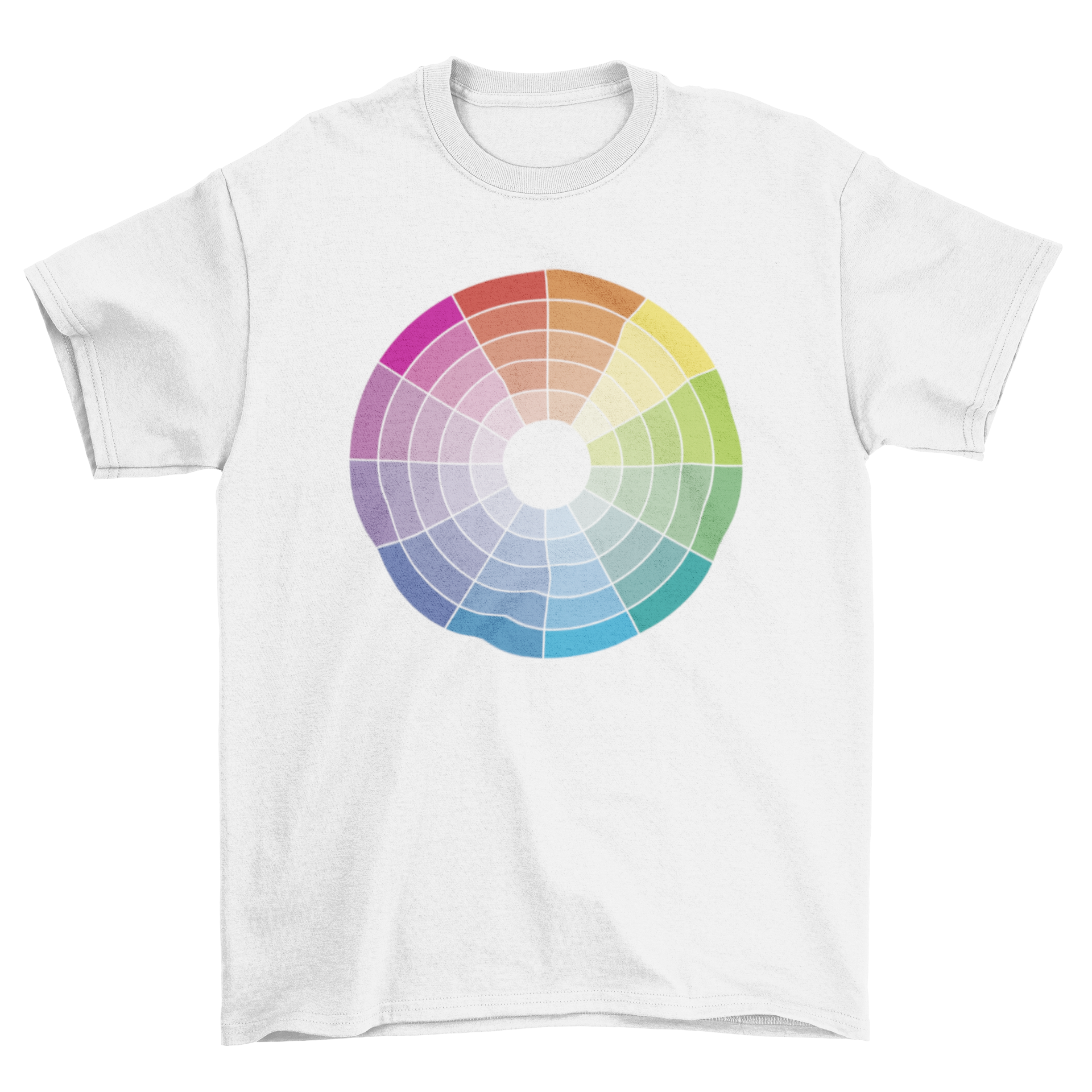 A colorful t-shirt featuring a vibrant color wheel design, showcasing a spectrum of hues.