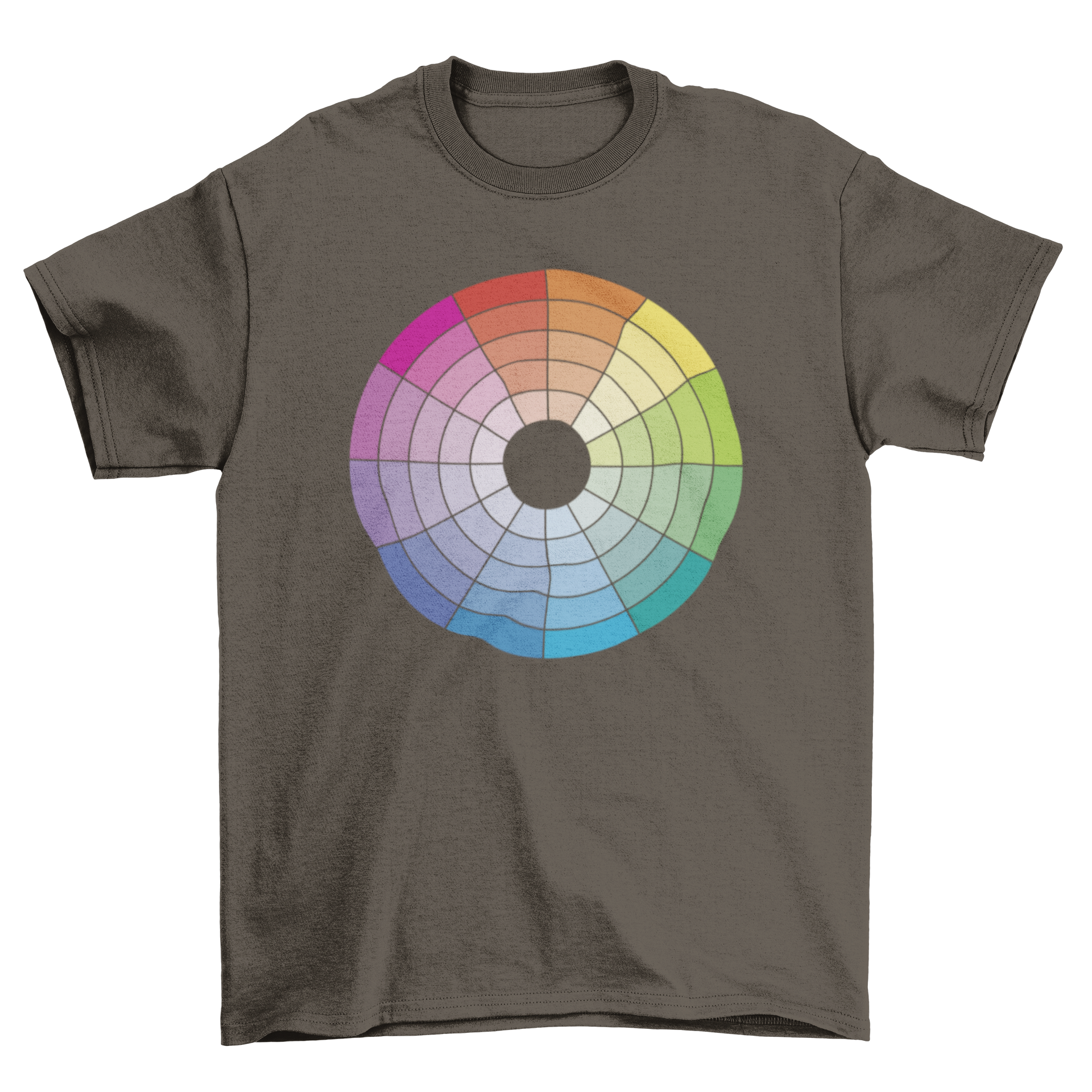 A colorful t-shirt featuring a vibrant color wheel design, showcasing a spectrum of hues.