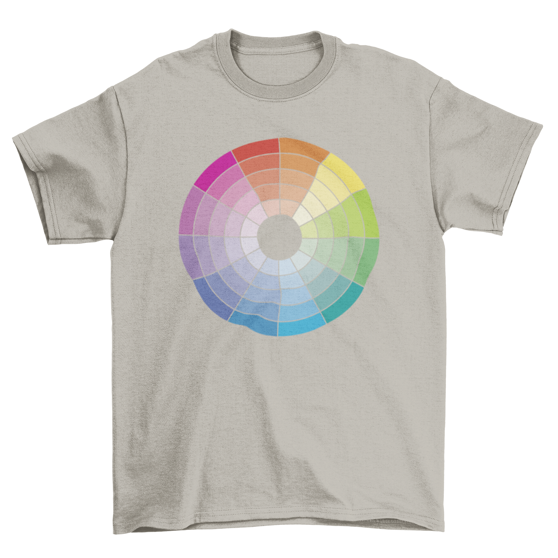 A colorful t-shirt featuring a vibrant color wheel design, showcasing a spectrum of hues.