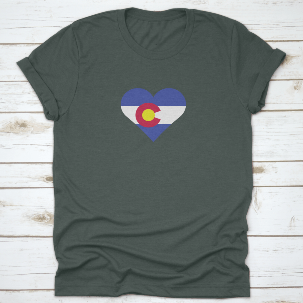 A stylish Colorado Flag Heart shirt showcasing a heart design with the Colorado flag colors, perfect for proud residents and visitors.