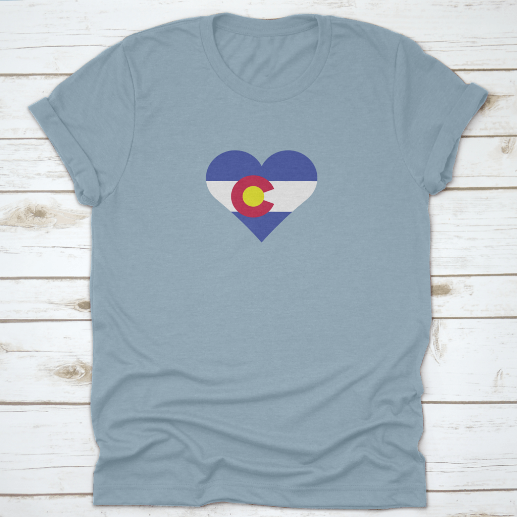 A stylish Colorado Flag Heart shirt showcasing a heart design with the Colorado flag colors, perfect for proud residents and visitors.