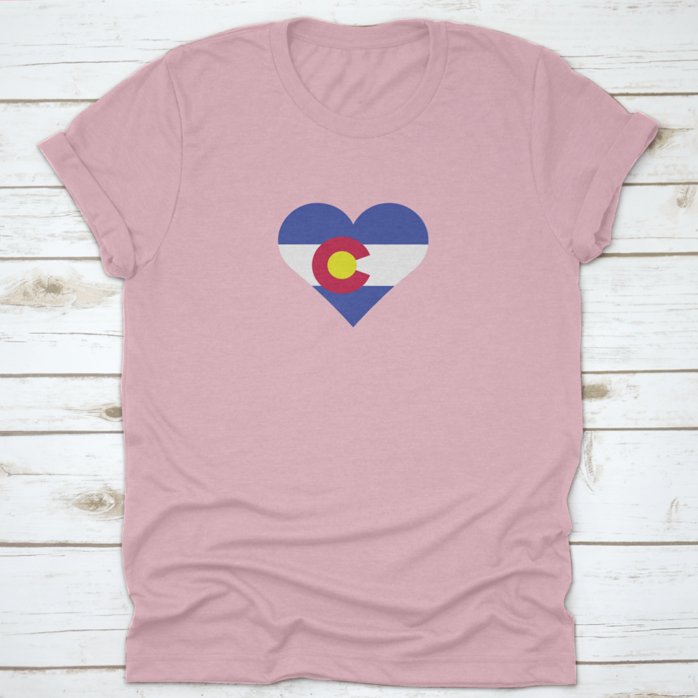 A stylish Colorado Flag Heart shirt showcasing a heart design with the Colorado flag colors, perfect for proud residents and visitors.