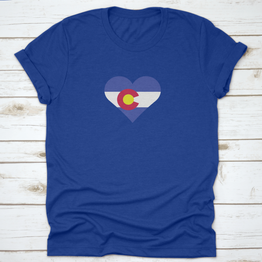 A stylish Colorado Flag Heart shirt showcasing a heart design with the Colorado flag colors, perfect for proud residents and visitors.