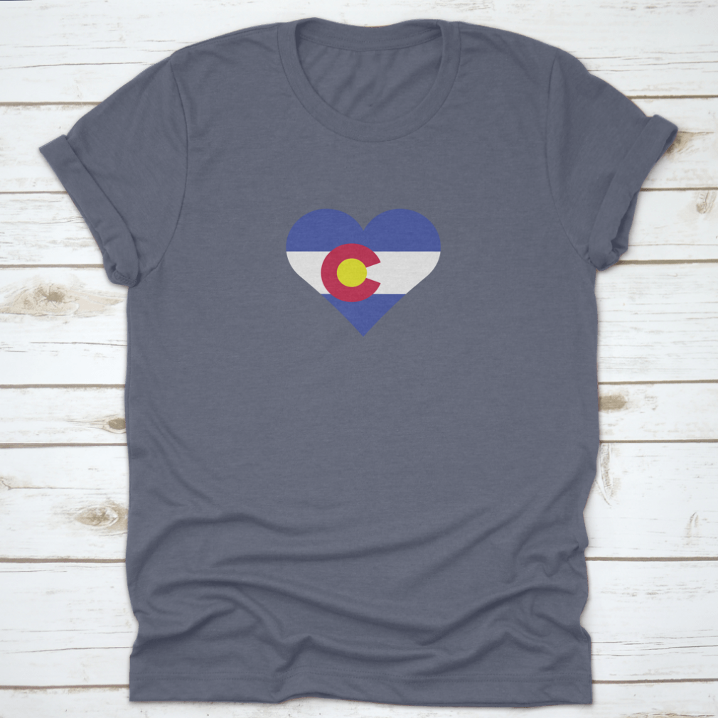 A stylish Colorado Flag Heart shirt showcasing a heart design with the Colorado flag colors, perfect for proud residents and visitors.