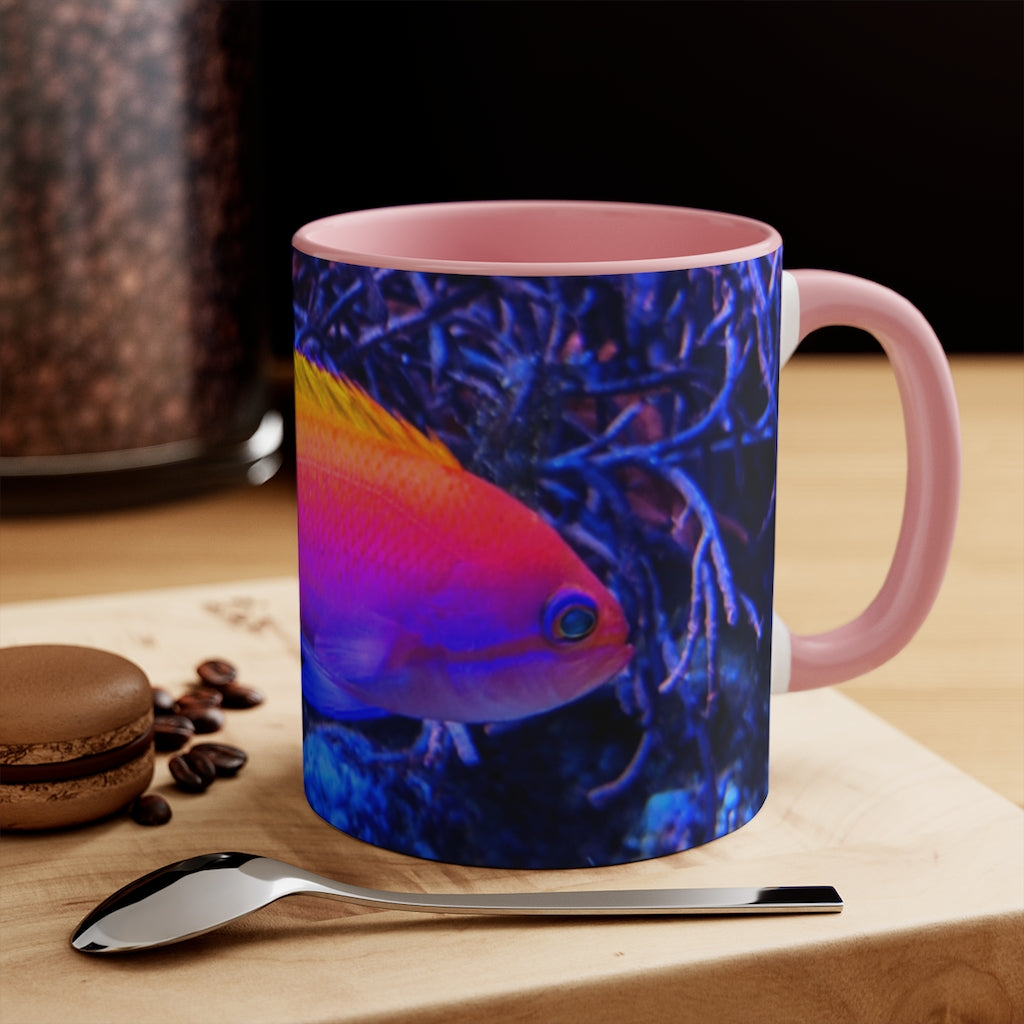 Colored Fish 11oz Accent Mug featuring a vibrant colored interior and handle, perfect for personalized designs.