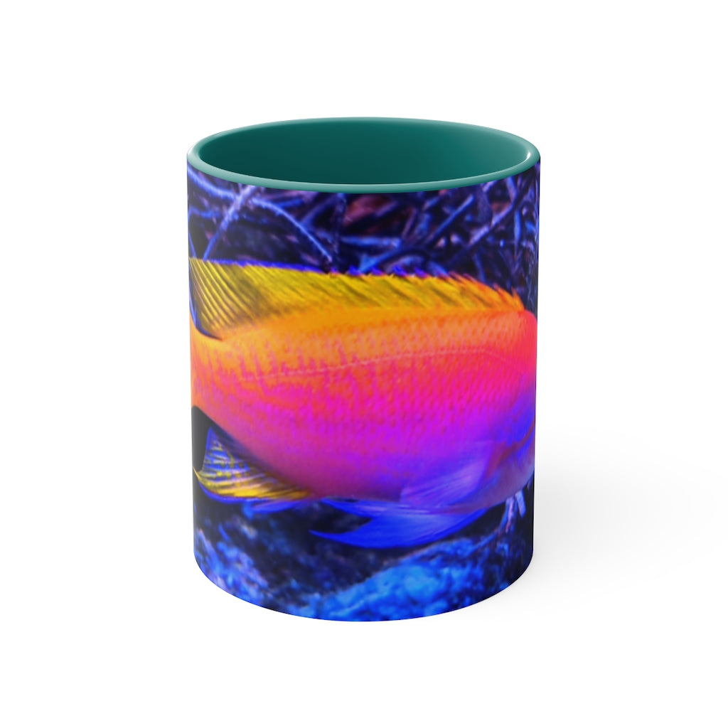 Colored Fish 11oz Accent Mug featuring a vibrant colored interior and handle, perfect for personalized designs.