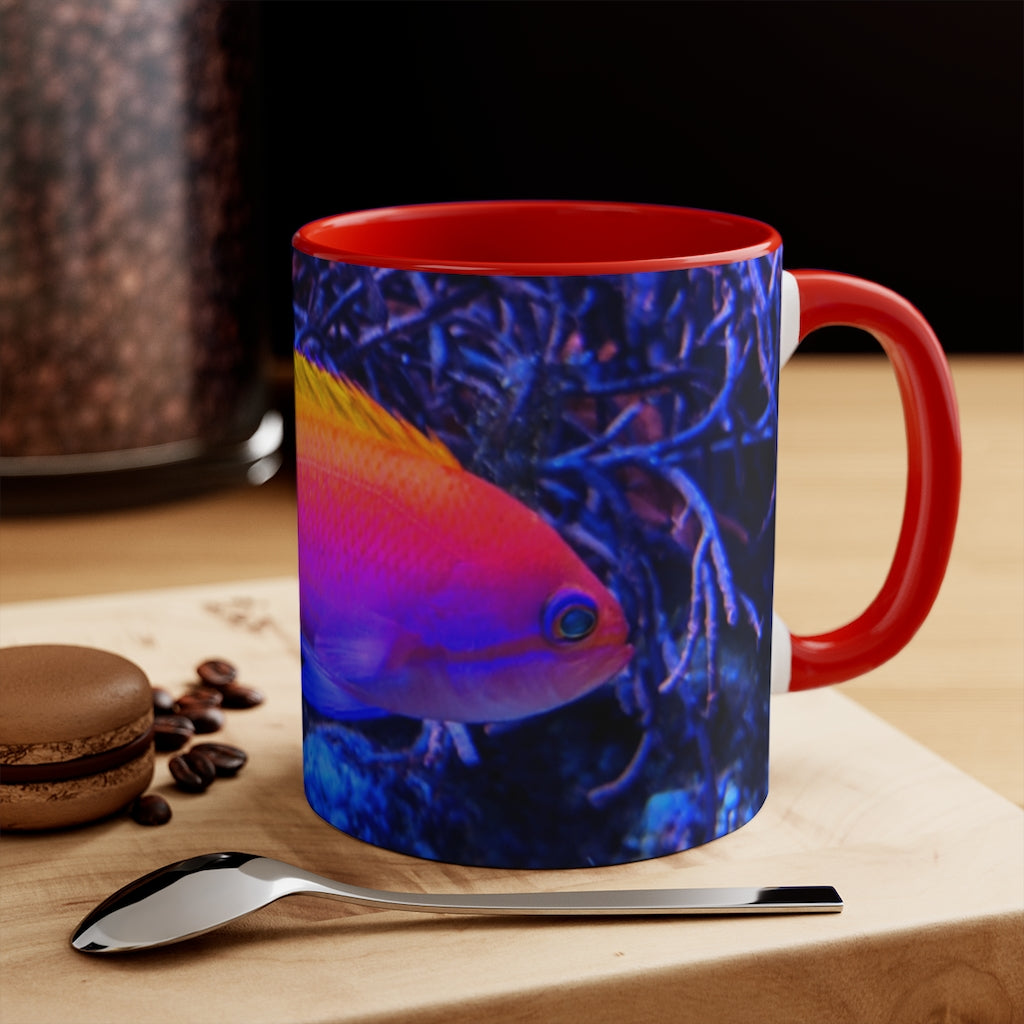 Colored Fish 11oz Accent Mug featuring a vibrant colored interior and handle, perfect for personalized designs.