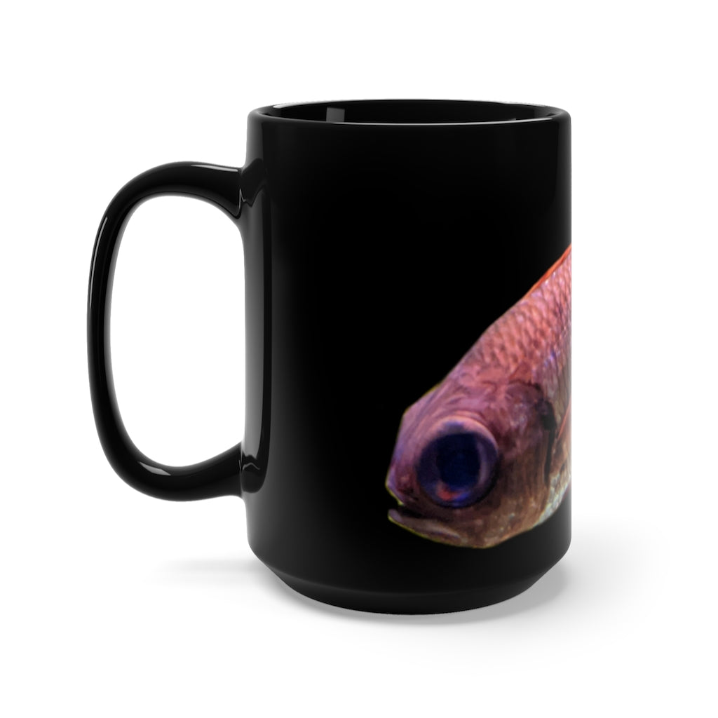 A stylish 15oz black ceramic mug featuring a colorful fish design, perfect for coffee and tea lovers.