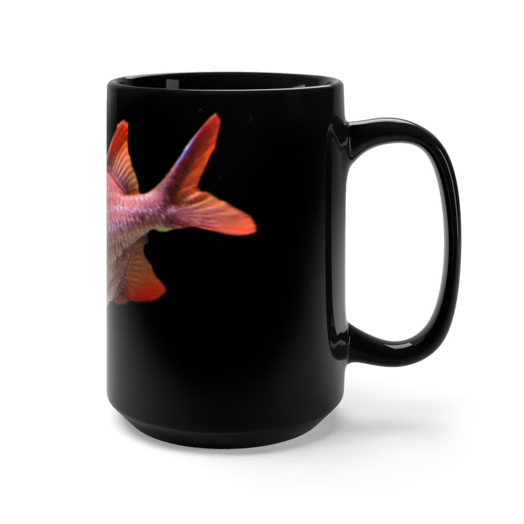 A stylish 15oz black ceramic mug featuring a colorful fish design, perfect for coffee and tea lovers.