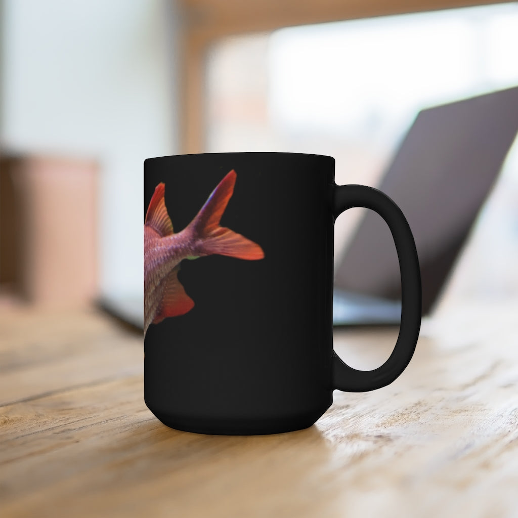 A stylish 15oz black ceramic mug featuring a colorful fish design, perfect for coffee and tea lovers.