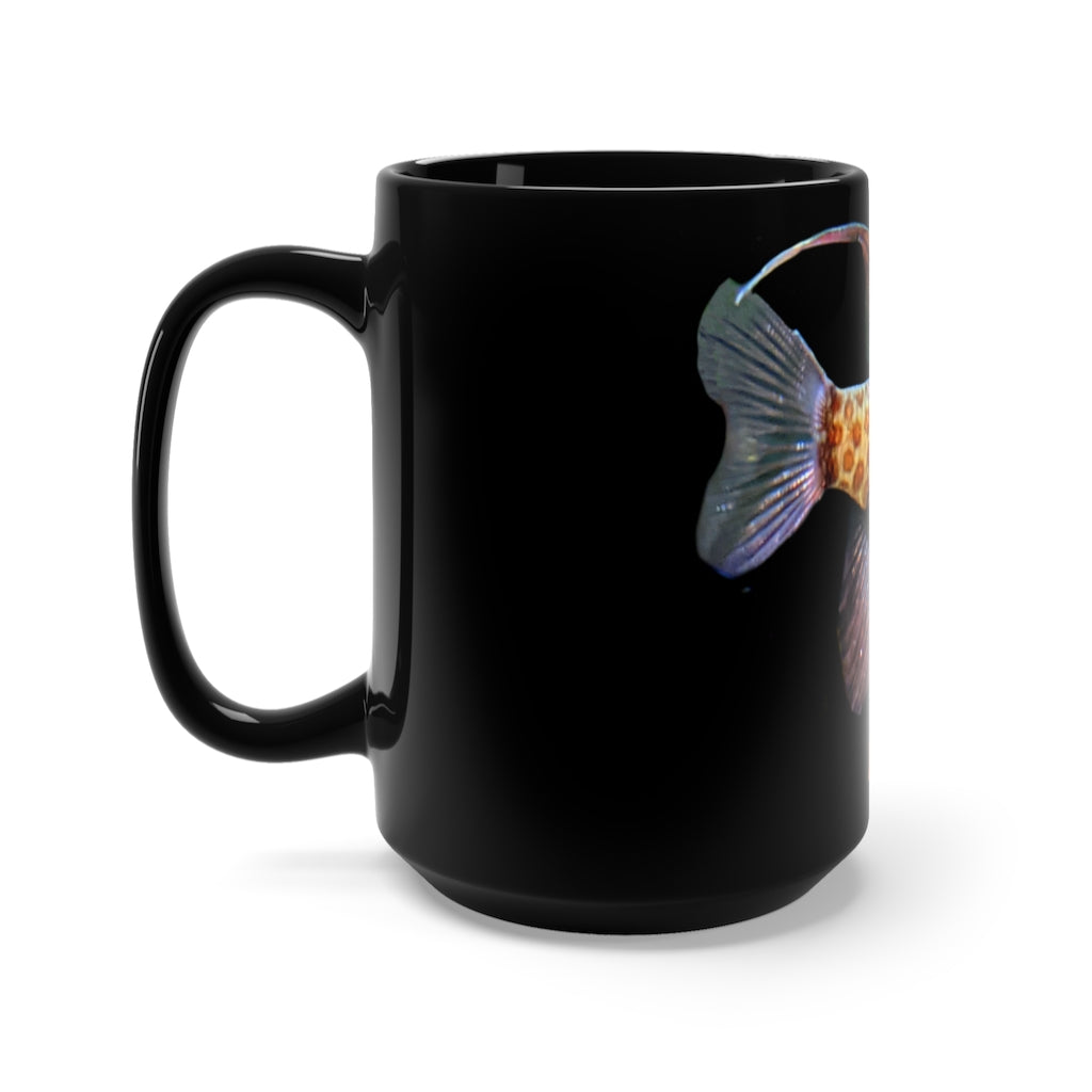 A stylish 15oz black ceramic mug featuring a colorful fish design, perfect for coffee and tea lovers.