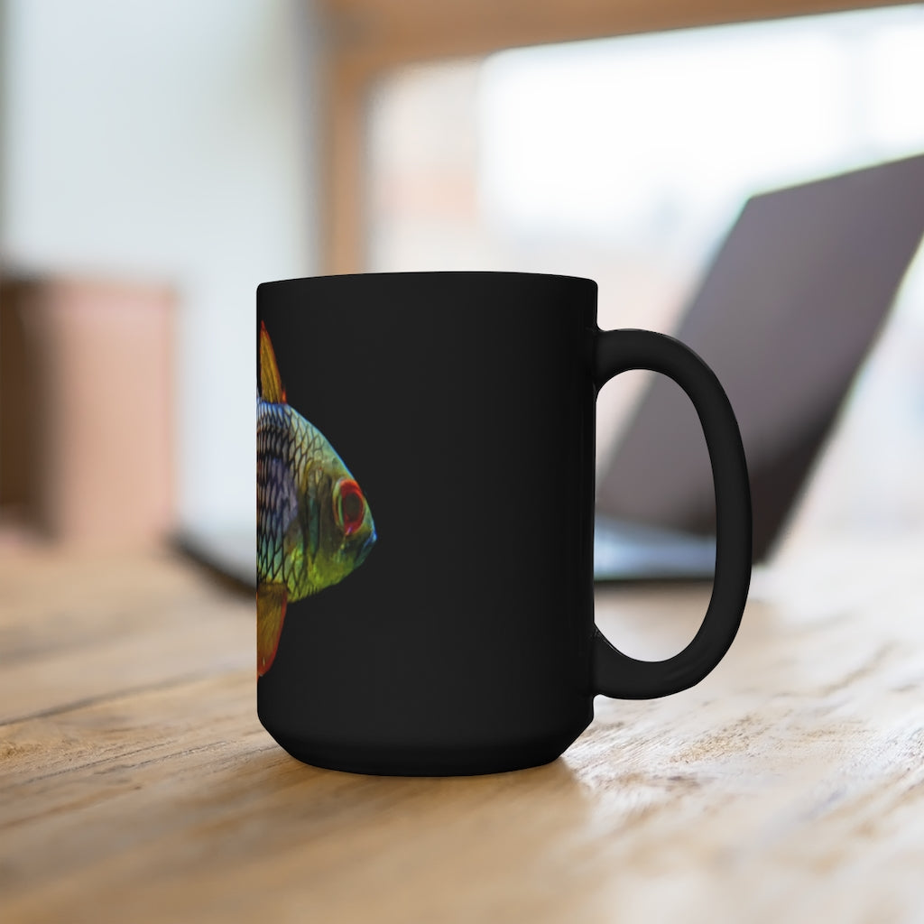 A stylish 15oz black ceramic mug featuring a colorful fish design, perfect for coffee and tea lovers.