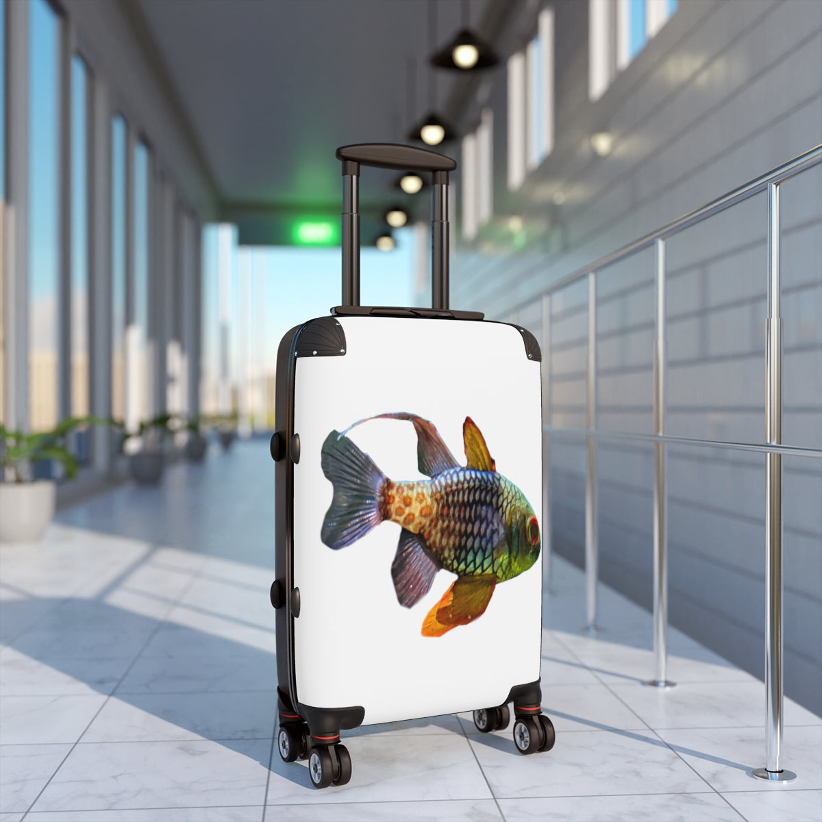 A vibrant Colored Fish Cabin Suitcase featuring a unique design, lightweight construction, and durable hard-shell material, perfect for stylish travel.