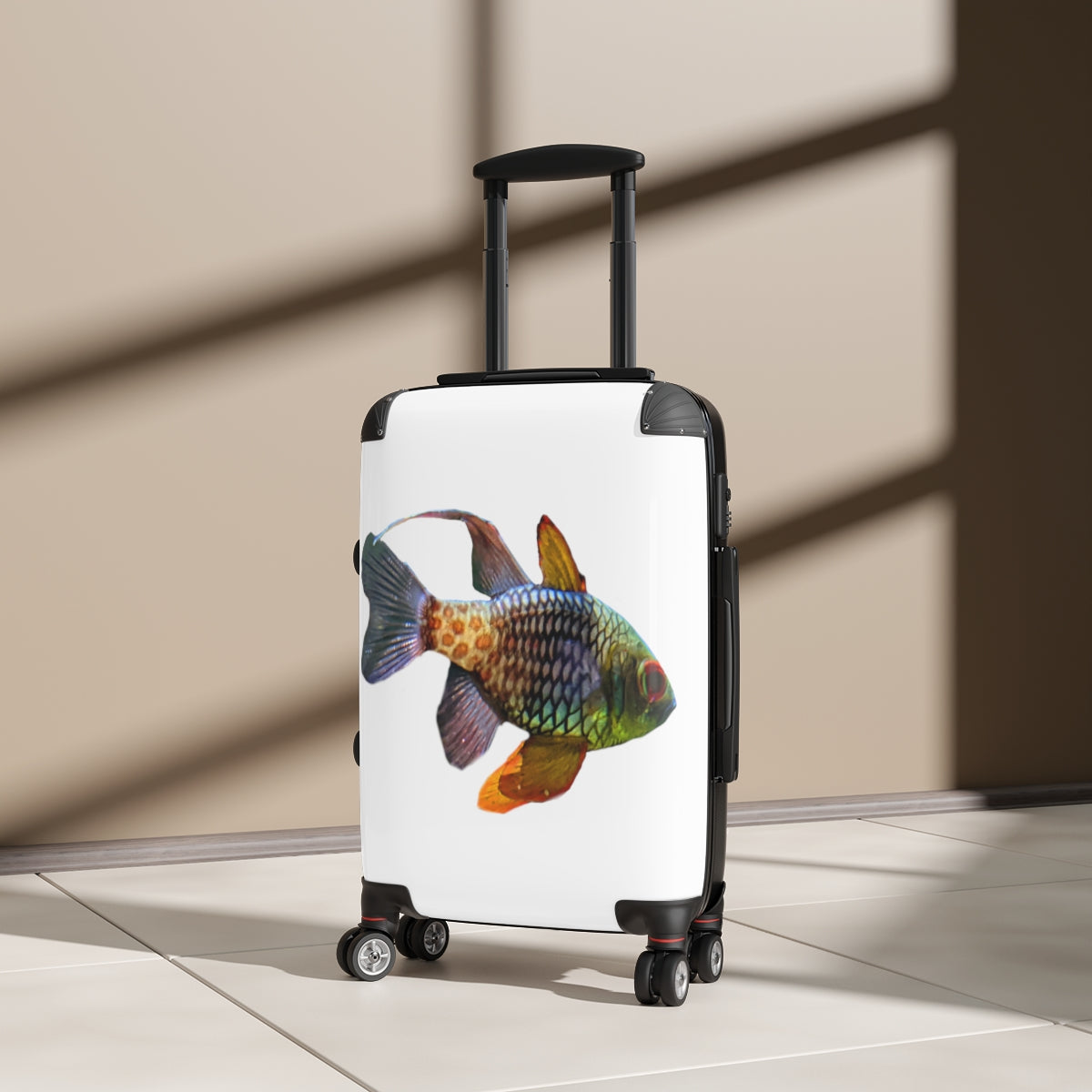 A vibrant Colored Fish Cabin Suitcase featuring a unique design, lightweight construction, and durable hard-shell material, perfect for stylish travel.