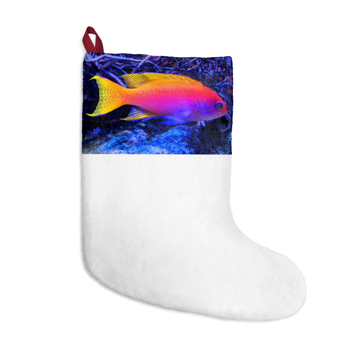 Colorful fish-themed Christmas stockings hanging by a fireplace, showcasing vibrant designs and personalization options.