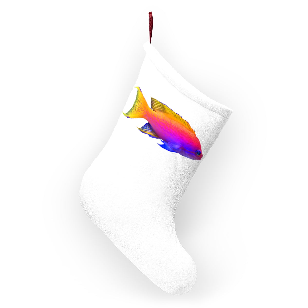 A colorful fish-themed Christmas stocking made of soft polyester fleece, featuring a twill ribbon hanging loop, perfect for festive decor.