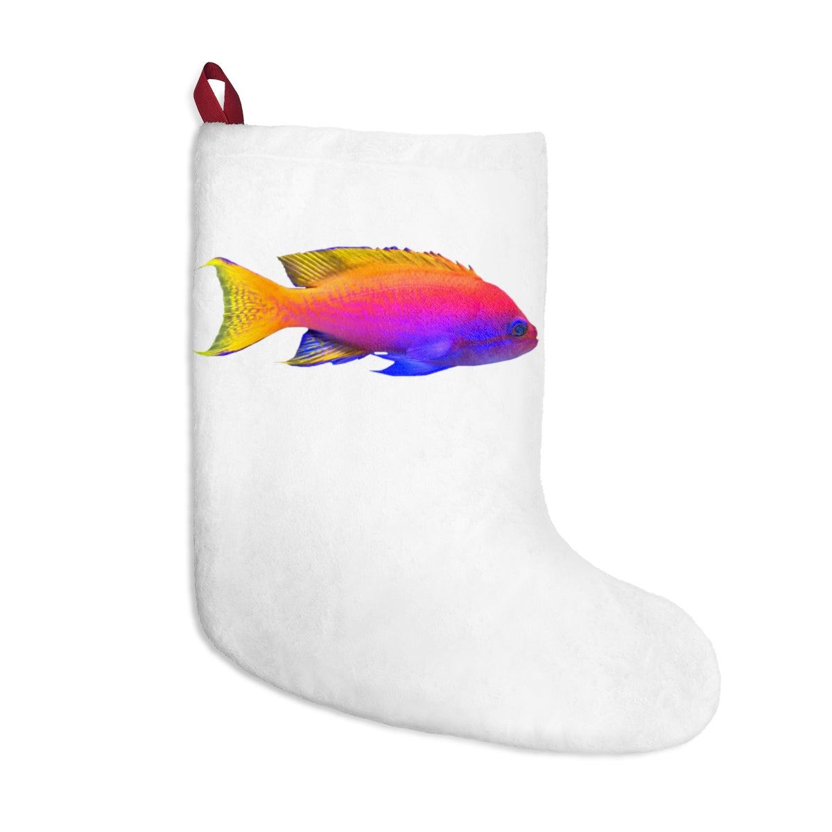 A colorful fish-themed Christmas stocking made of soft polyester fleece, featuring a twill ribbon hanging loop, perfect for festive decor.