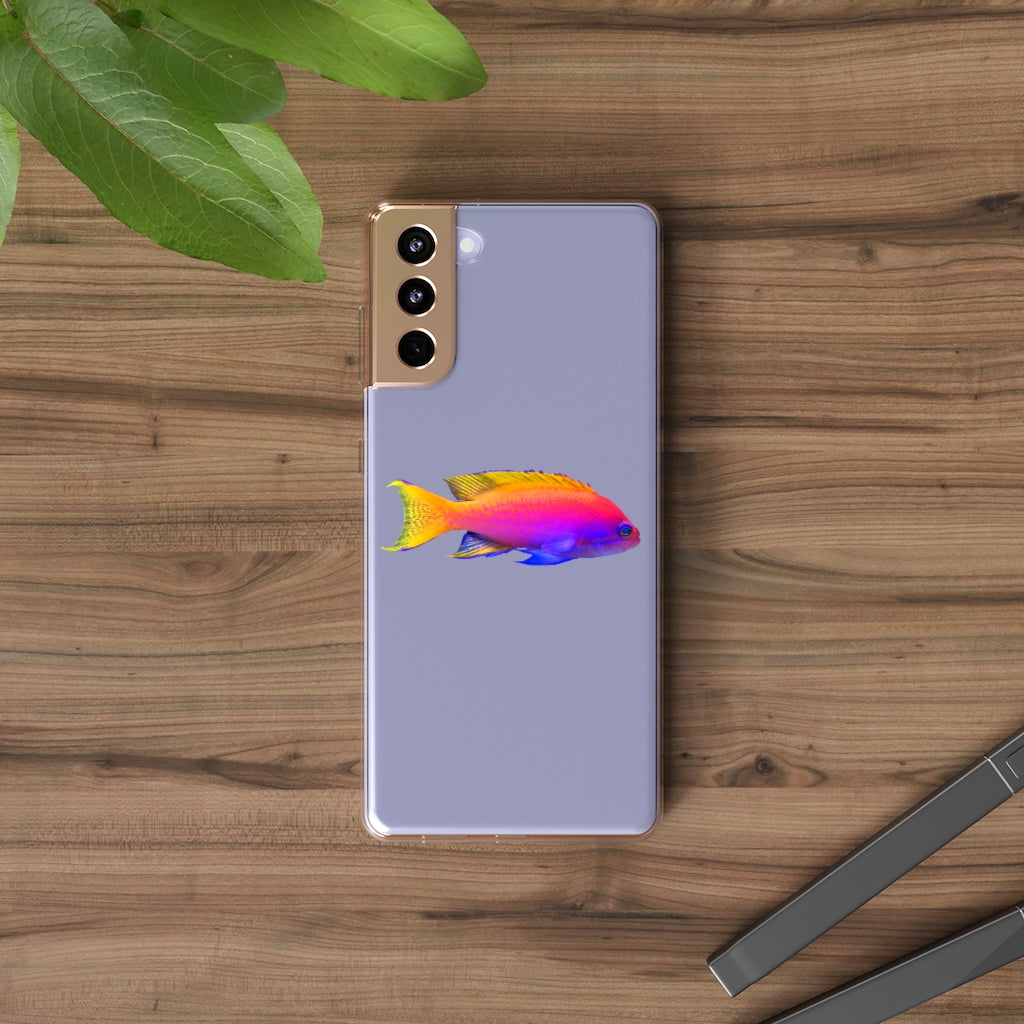 A stylish Colored Fish Clear Case showcasing vibrant fish designs, providing protection and a slim fit for smartphones.