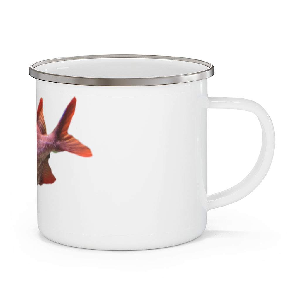 A colorful enamel camping mug featuring a fish design, perfect for outdoor adventures and personalized printing.