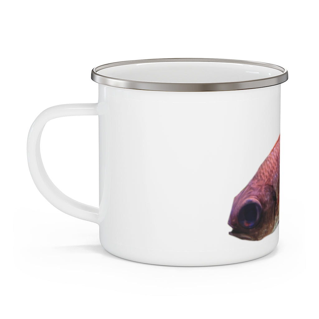 A colorful enamel camping mug featuring a fish design, perfect for outdoor adventures and personalized printing.