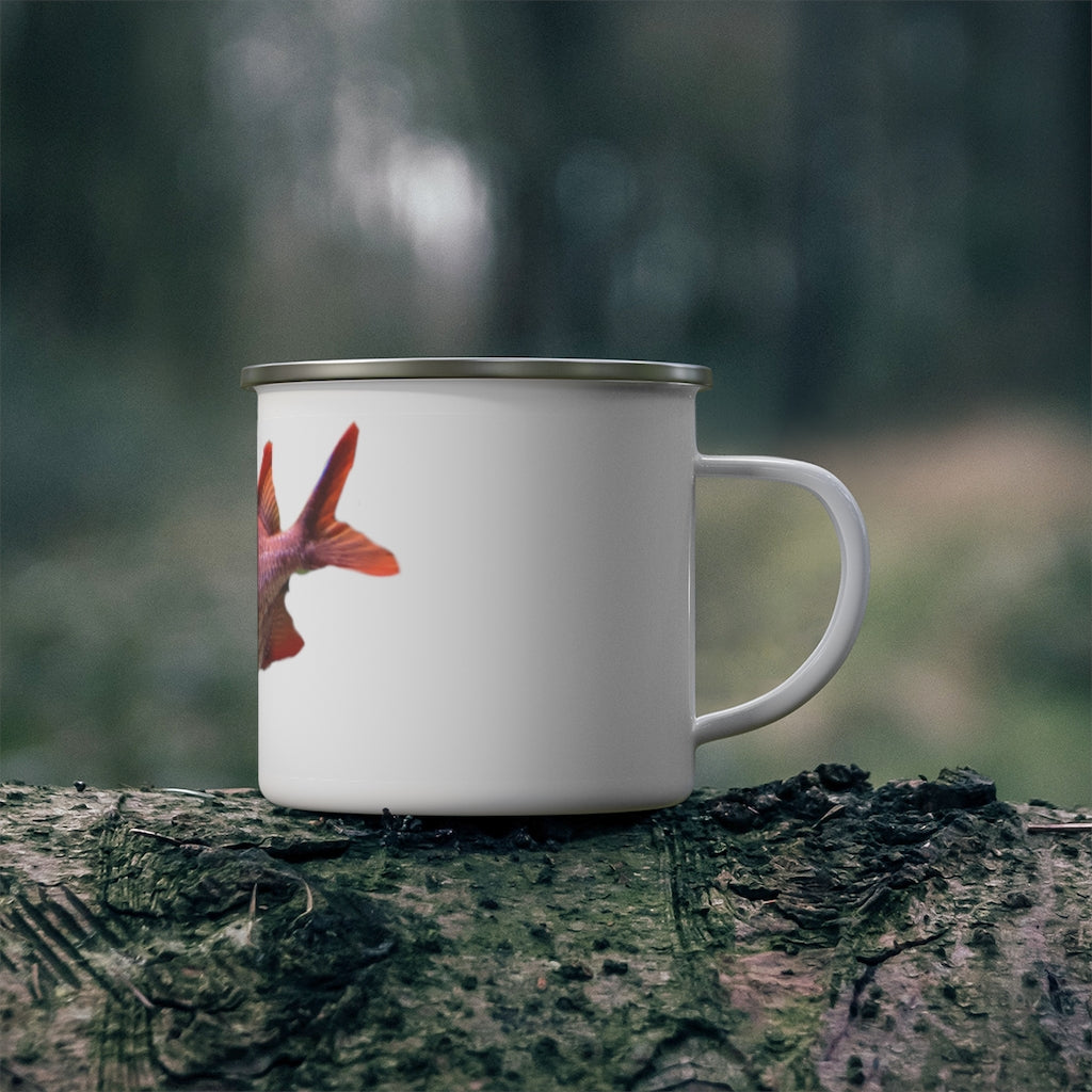 A colorful enamel camping mug featuring a fish design, perfect for outdoor adventures and personalized printing.