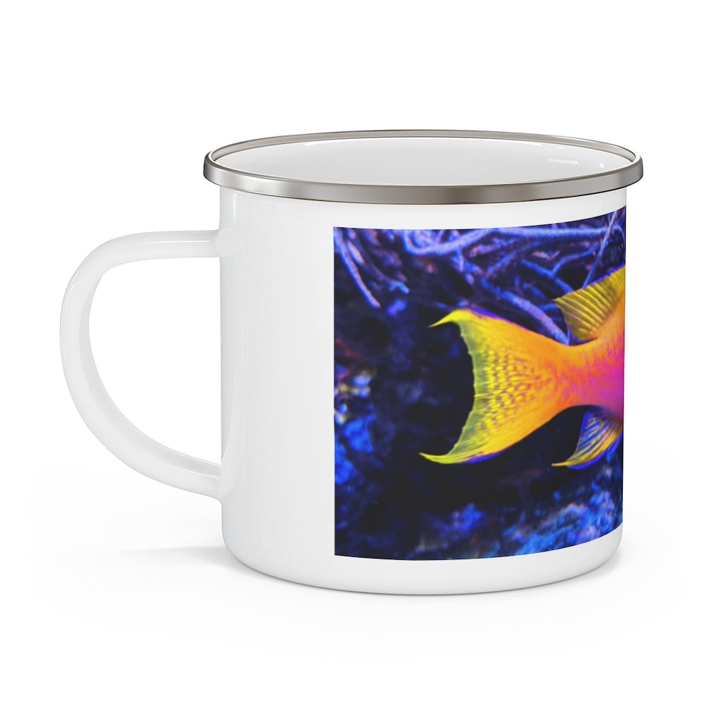 A colorful enamel camping mug featuring a fish design, perfect for outdoor use, showcasing its sturdy stainless steel construction and C-handle.