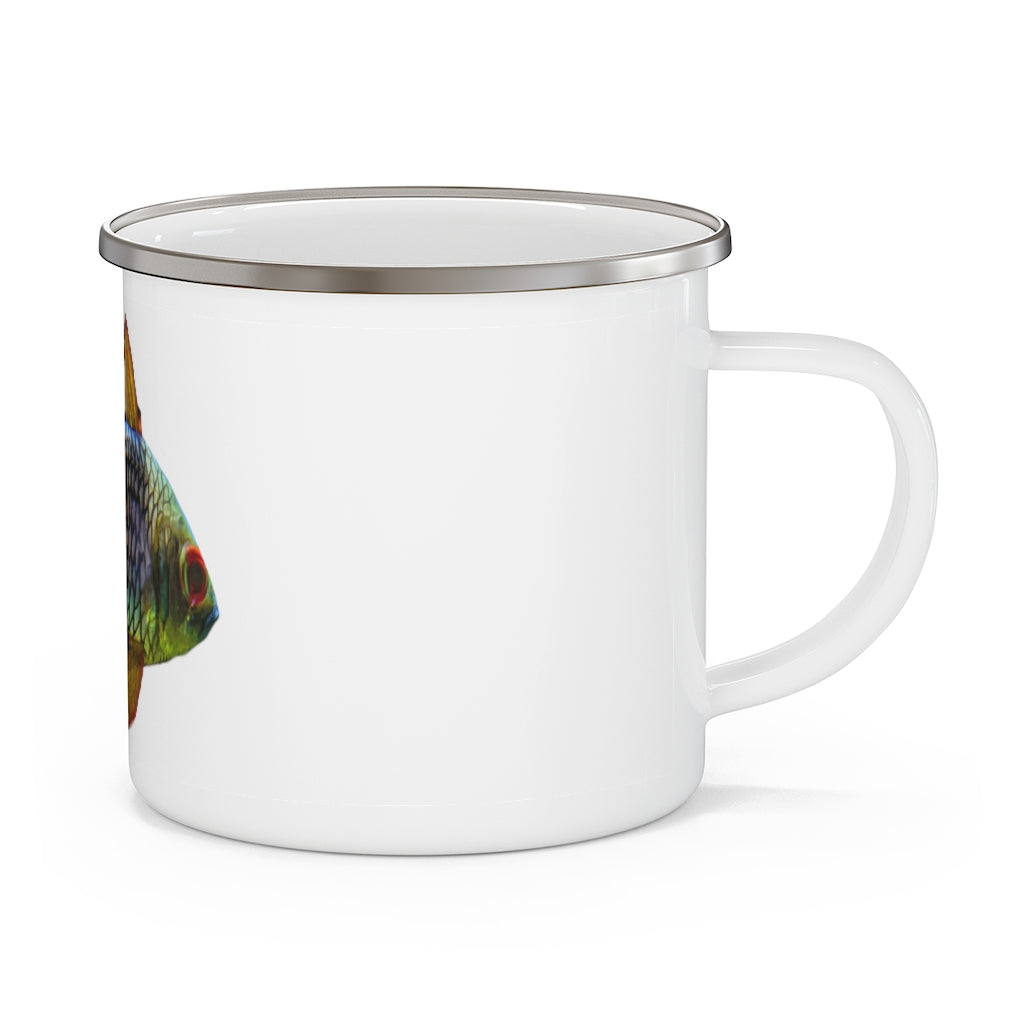 A colorful enamel camping mug featuring a fish design, perfect for outdoor adventures, showcasing a durable stainless steel construction.