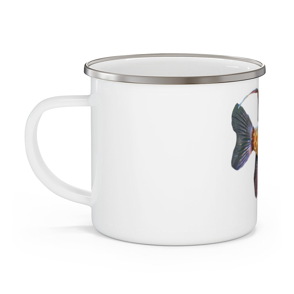 A colorful enamel camping mug featuring a fish design, perfect for outdoor adventures, showcasing a durable stainless steel construction.