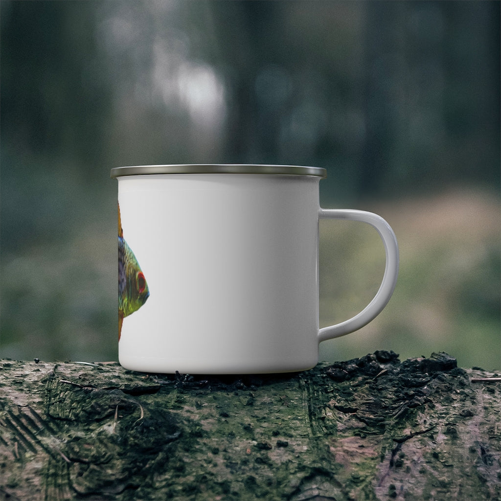 A colorful enamel camping mug featuring a fish design, perfect for outdoor adventures, showcasing a durable stainless steel construction.