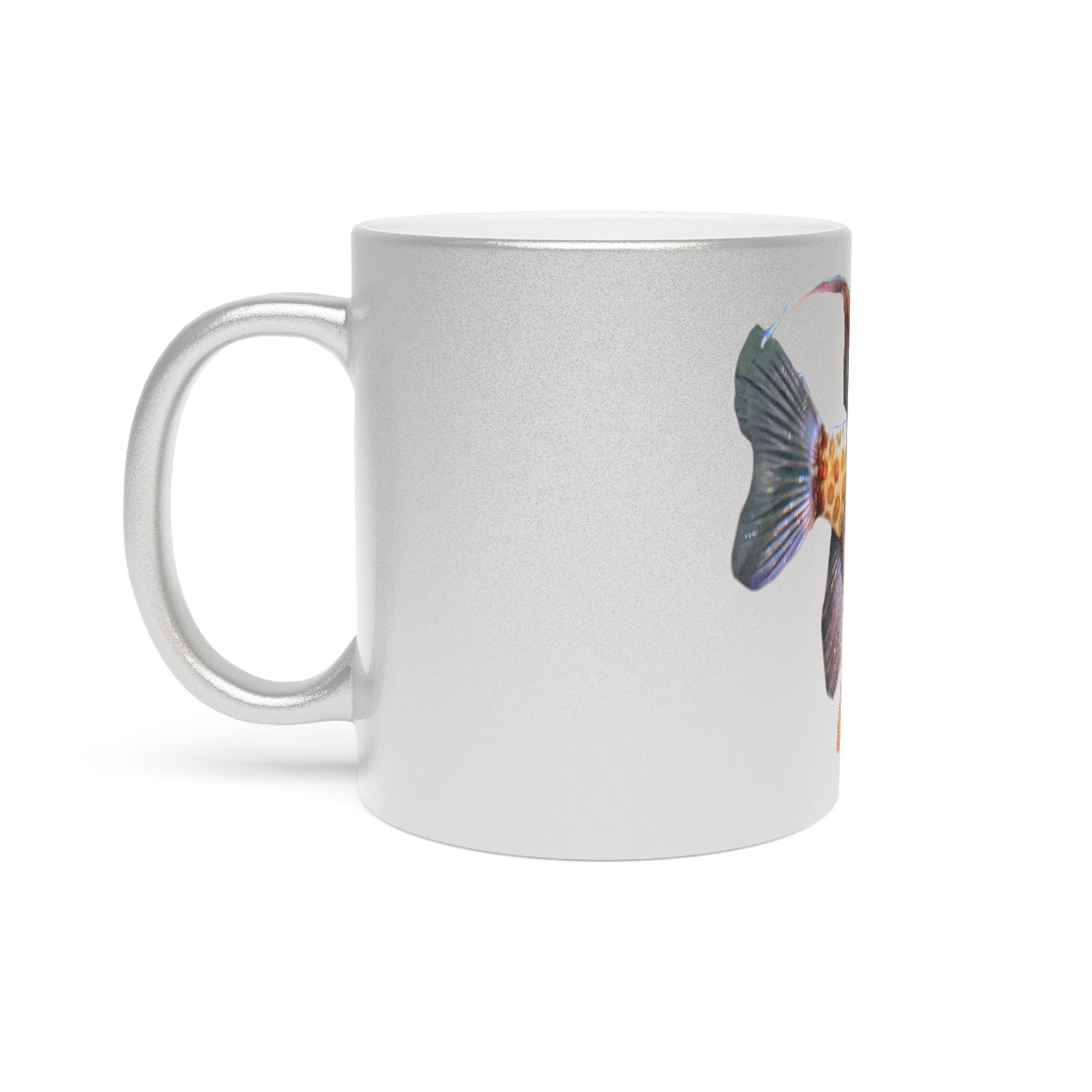 Colored Fish Metallic Mug in Silver and Gold with personalized design options, showcasing a shiny ceramic finish.