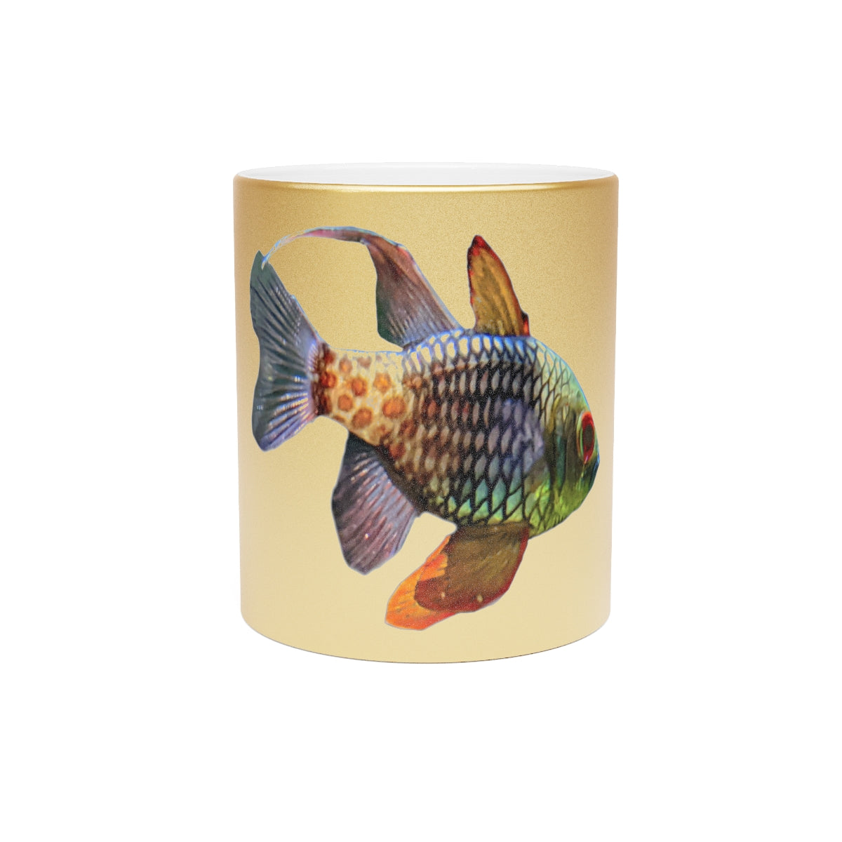 Colored Fish Metallic Mug in Silver and Gold with personalized design options, showcasing a shiny ceramic finish.